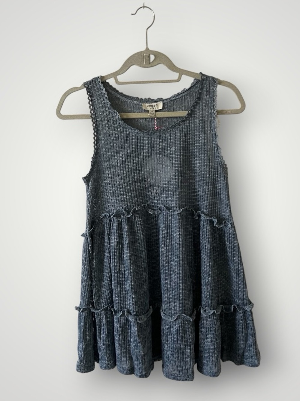 NWT Umgee Ruffle Tiered Babydoll Knit Tunic Tank Top Blue Grey Medium - Picture 4 of 15